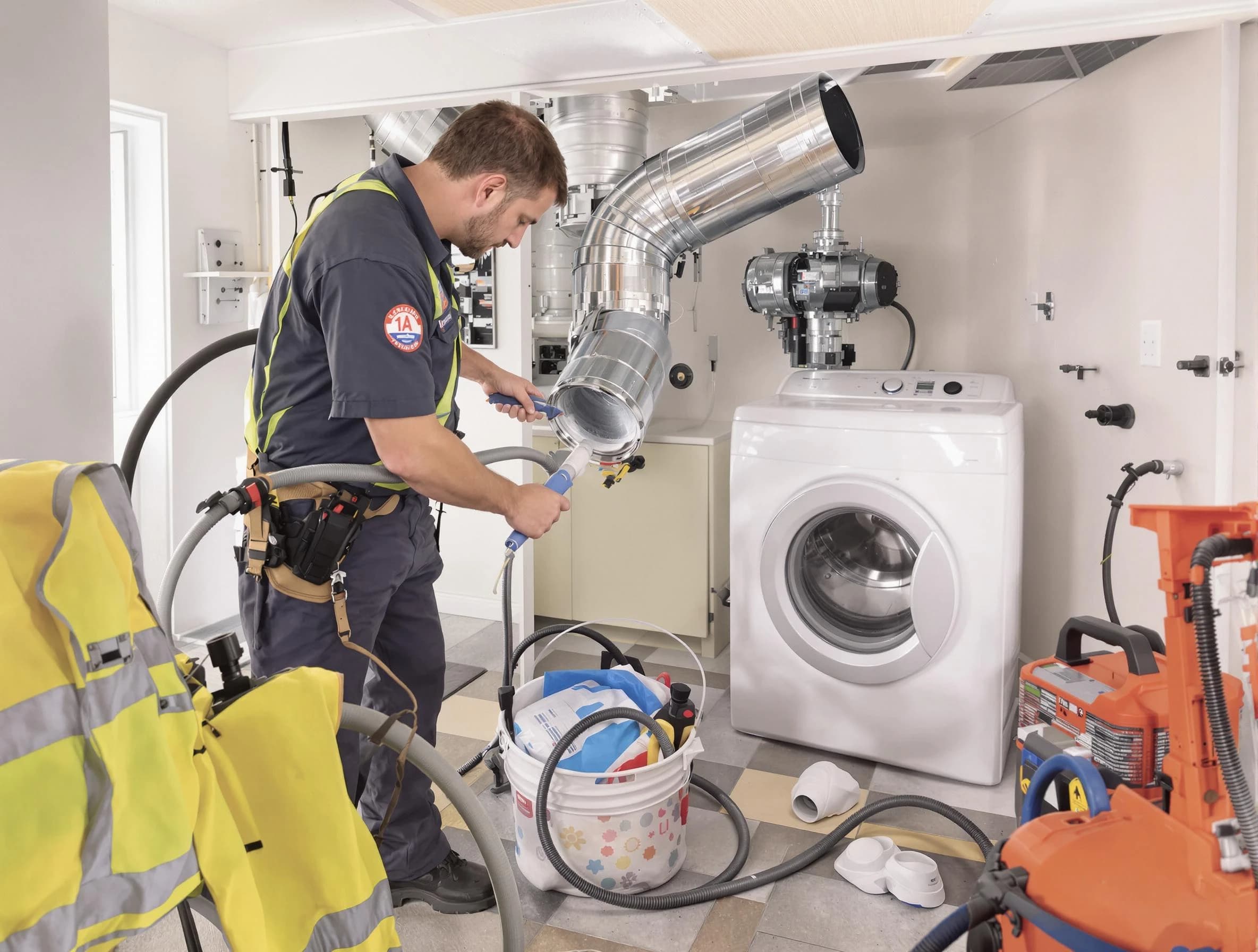 Orange Dryer Vent Cleaning technician using specialized equipment to clear severe dryer vent blockage in Orange