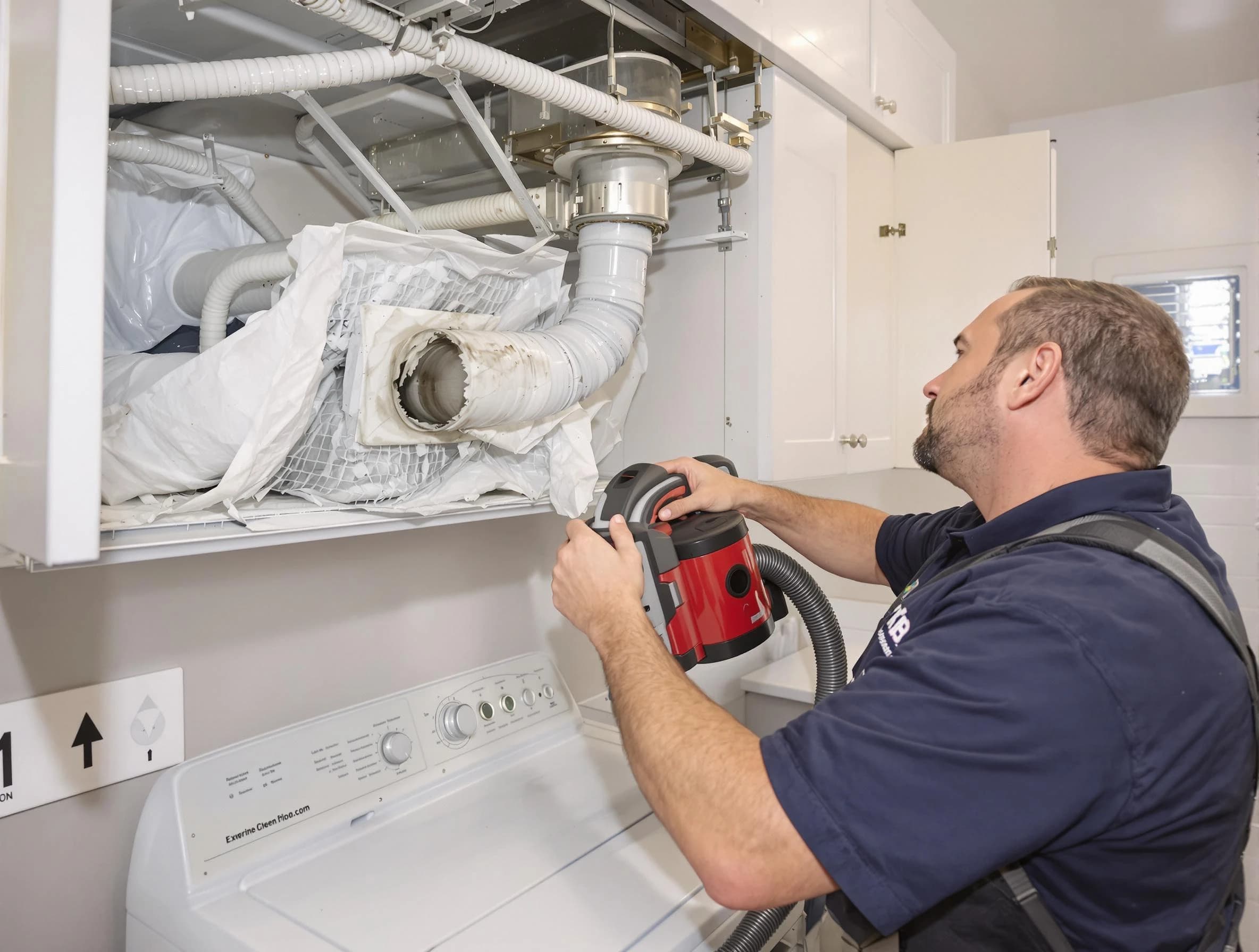 Orange Dryer Vent Cleaning technician performing professional exhaust vent cleaning at a residential property in Orange