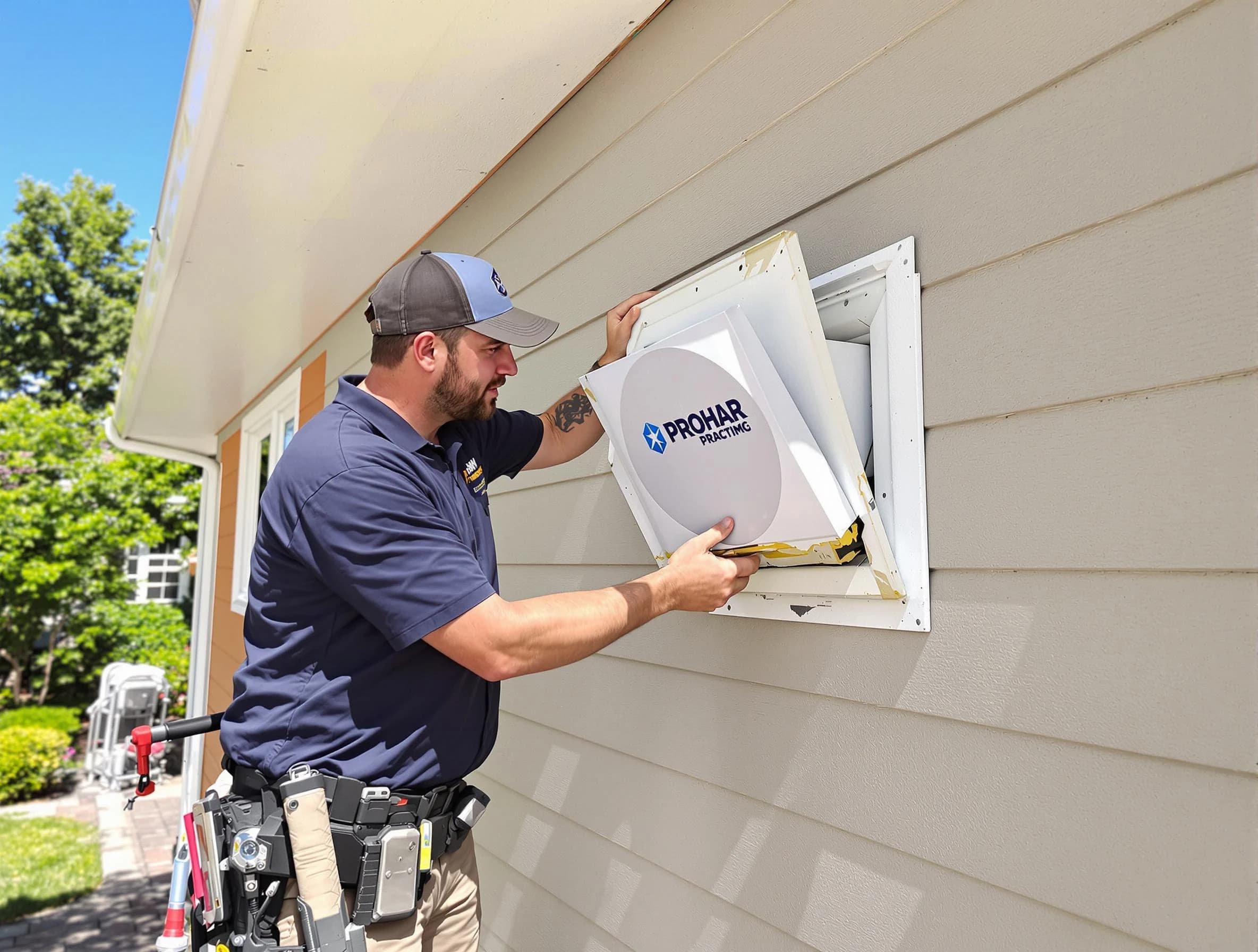 Orange Dryer Vent Cleaning technician installing a new protective dryer vent cover on a home in Orange