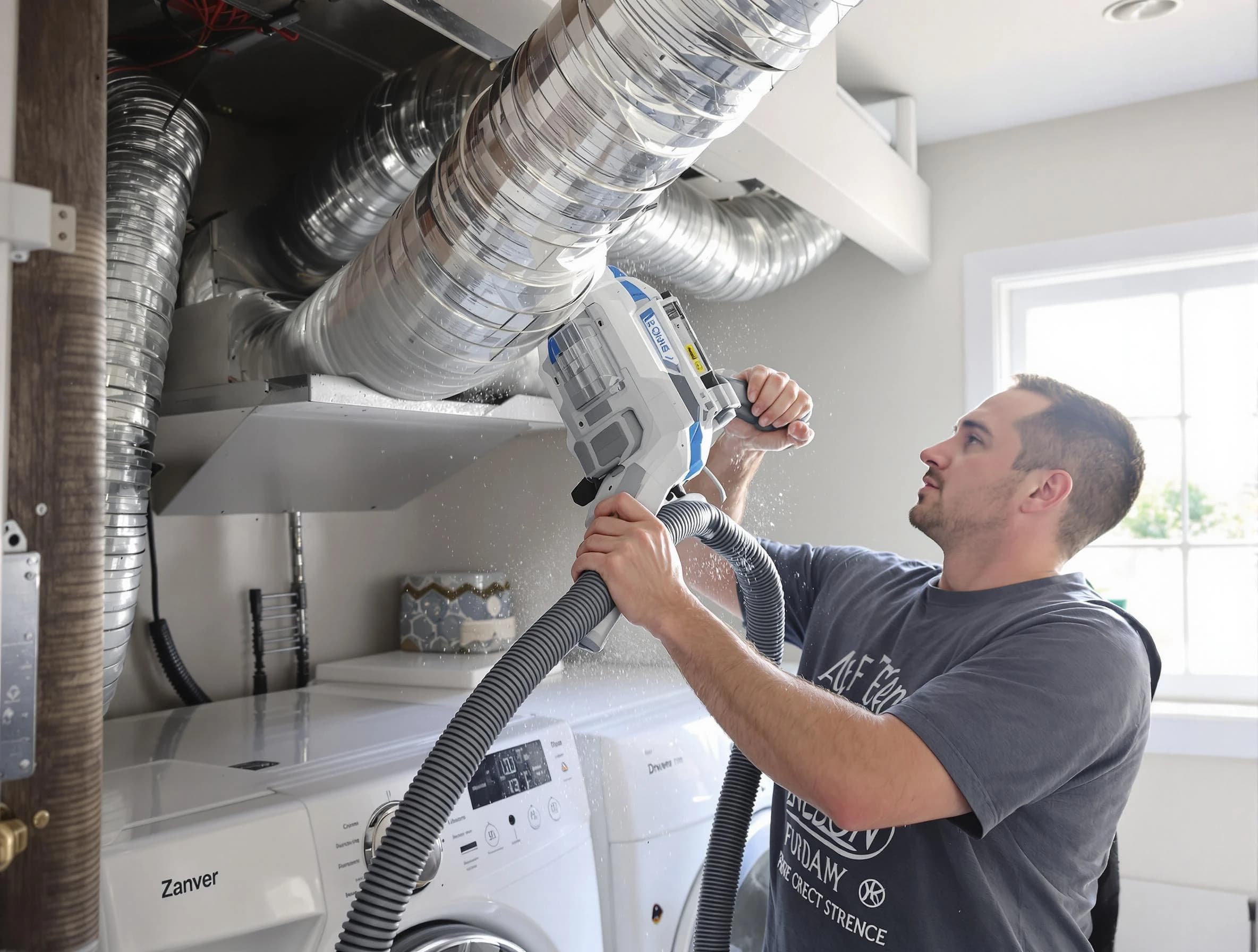 Orange Dryer Vent Cleaning specialist cleaning deep within a dryer vent duct system in Orange