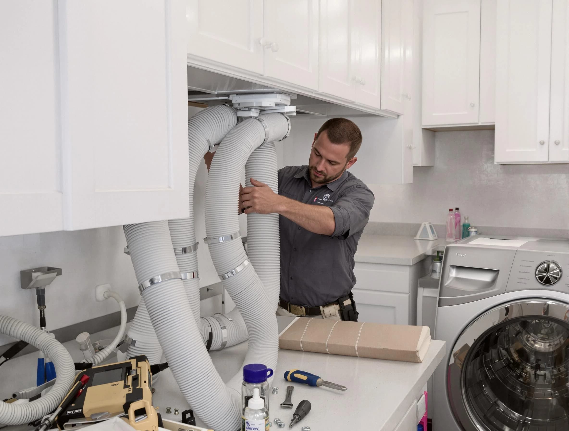 Orange Dryer Vent Cleaning technician installing a new professional-grade dryer vent hose in Orange
