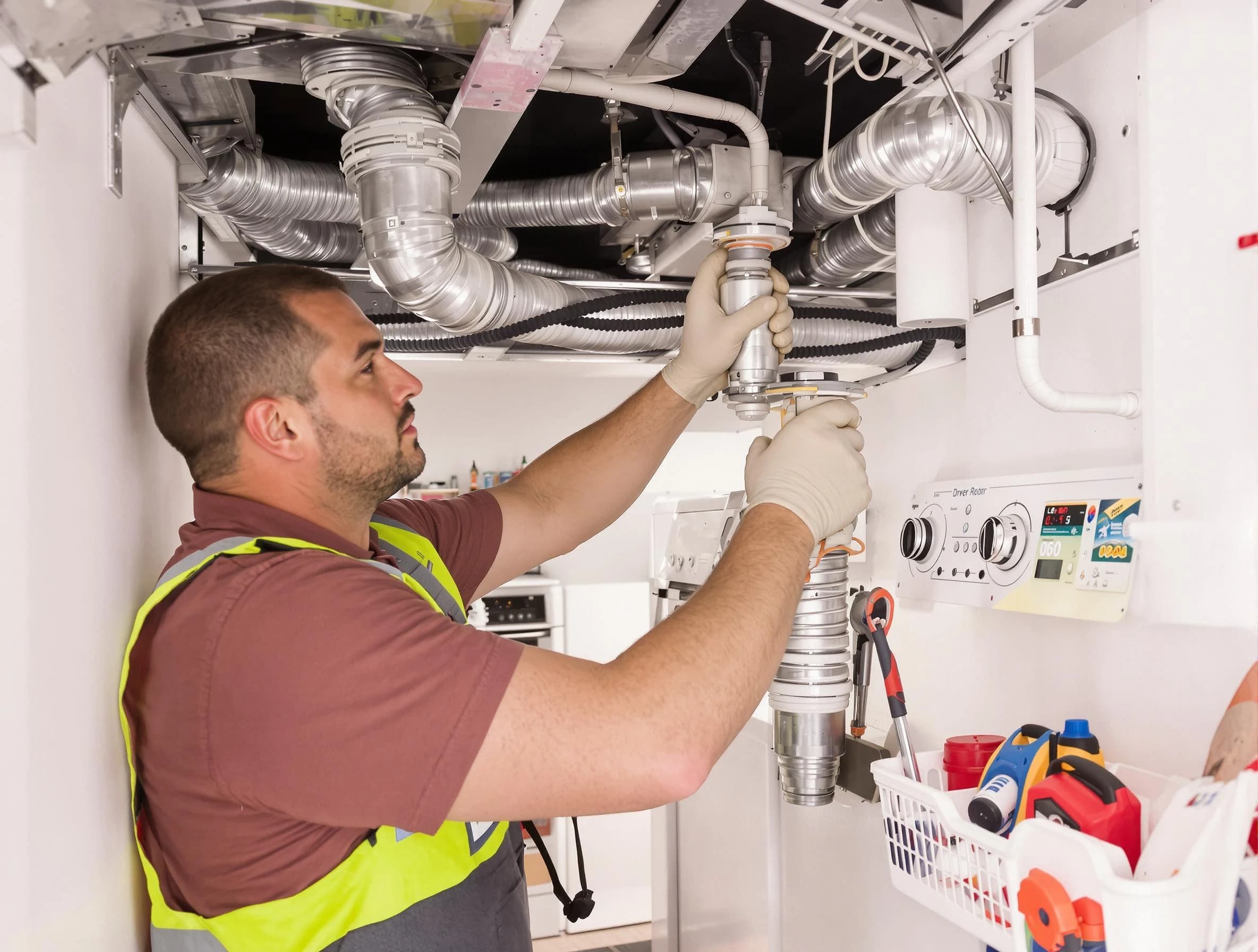 Orange Dryer Vent Cleaning expert performing both repair and installation work on a dryer vent system in Orange