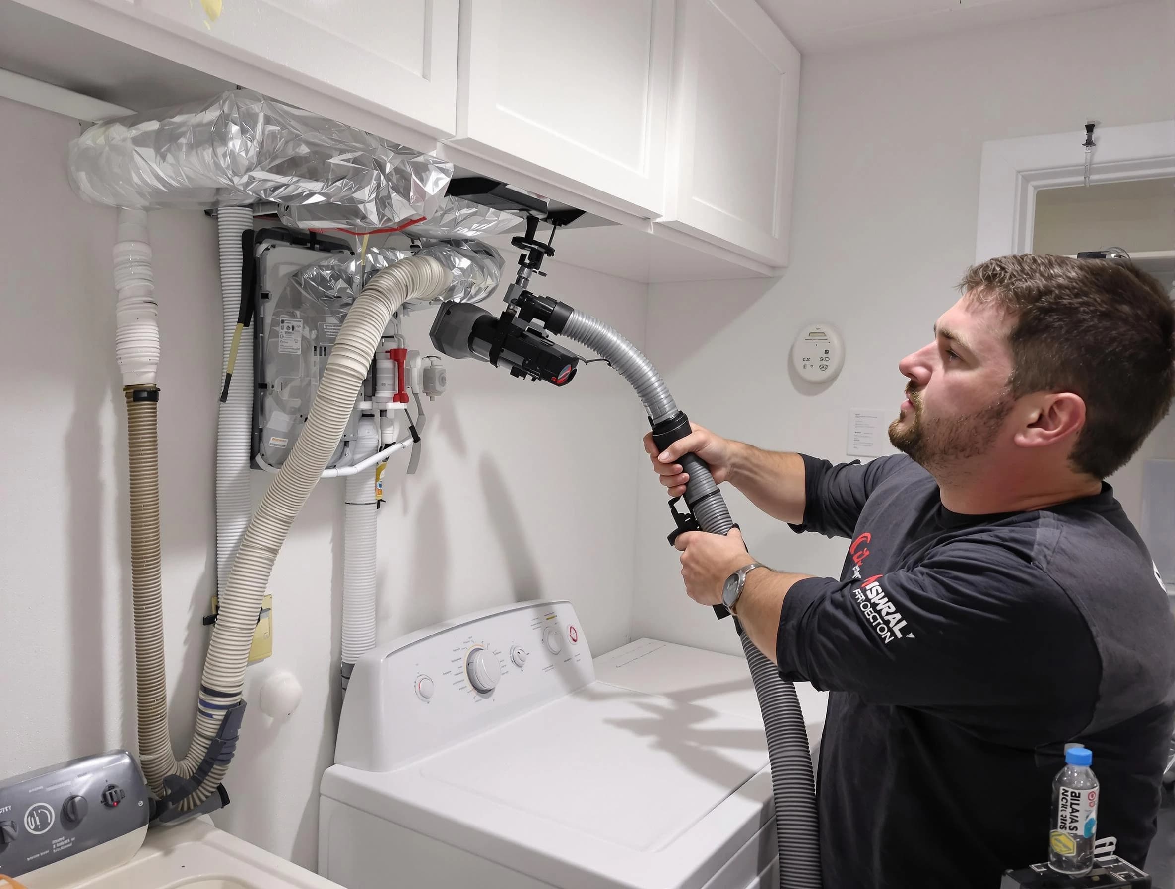 Orange Dryer Vent Cleaning certified technician performing safety-focused gas dryer vent cleaning in Orange