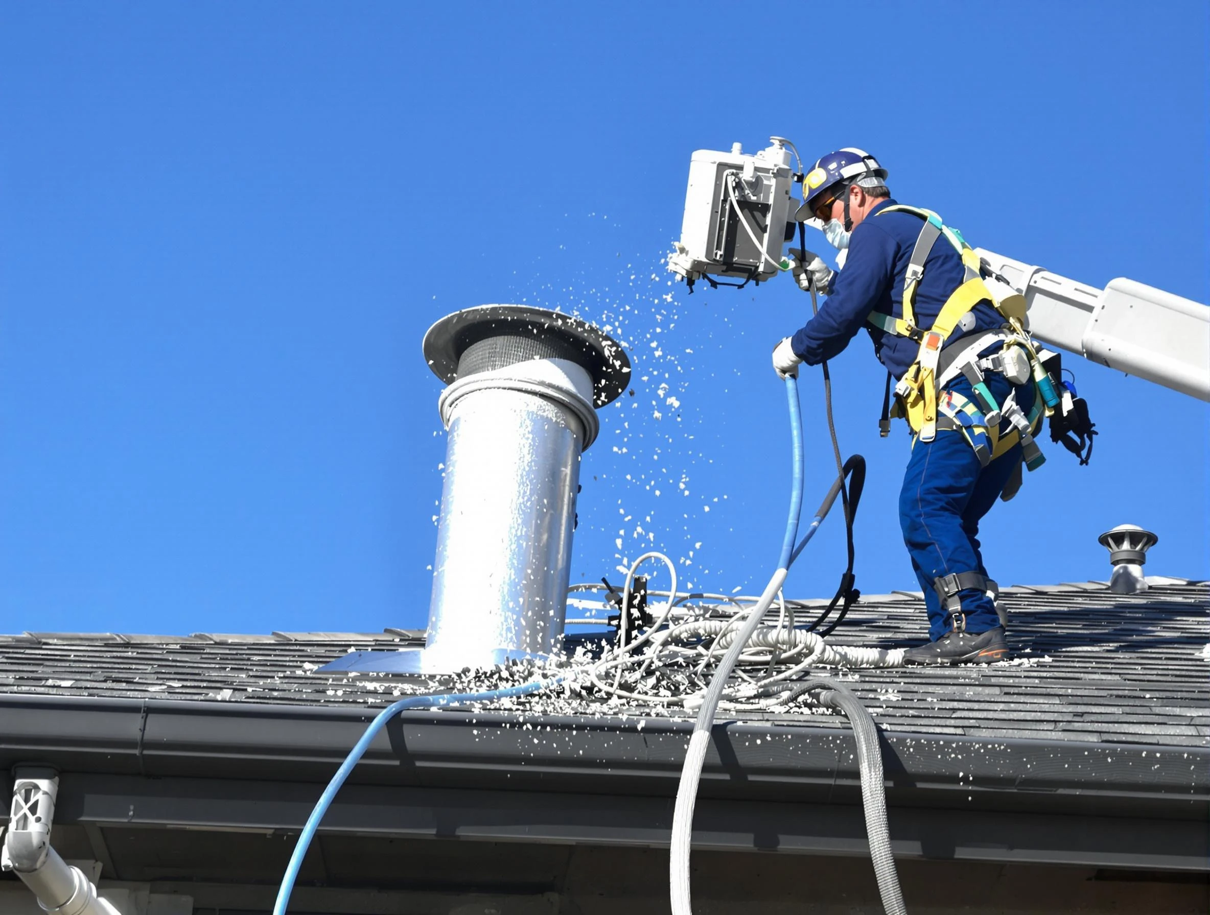 Orange Dryer Vent Cleaning certified technician safely cleaning a roof-mounted dryer vent in Orange