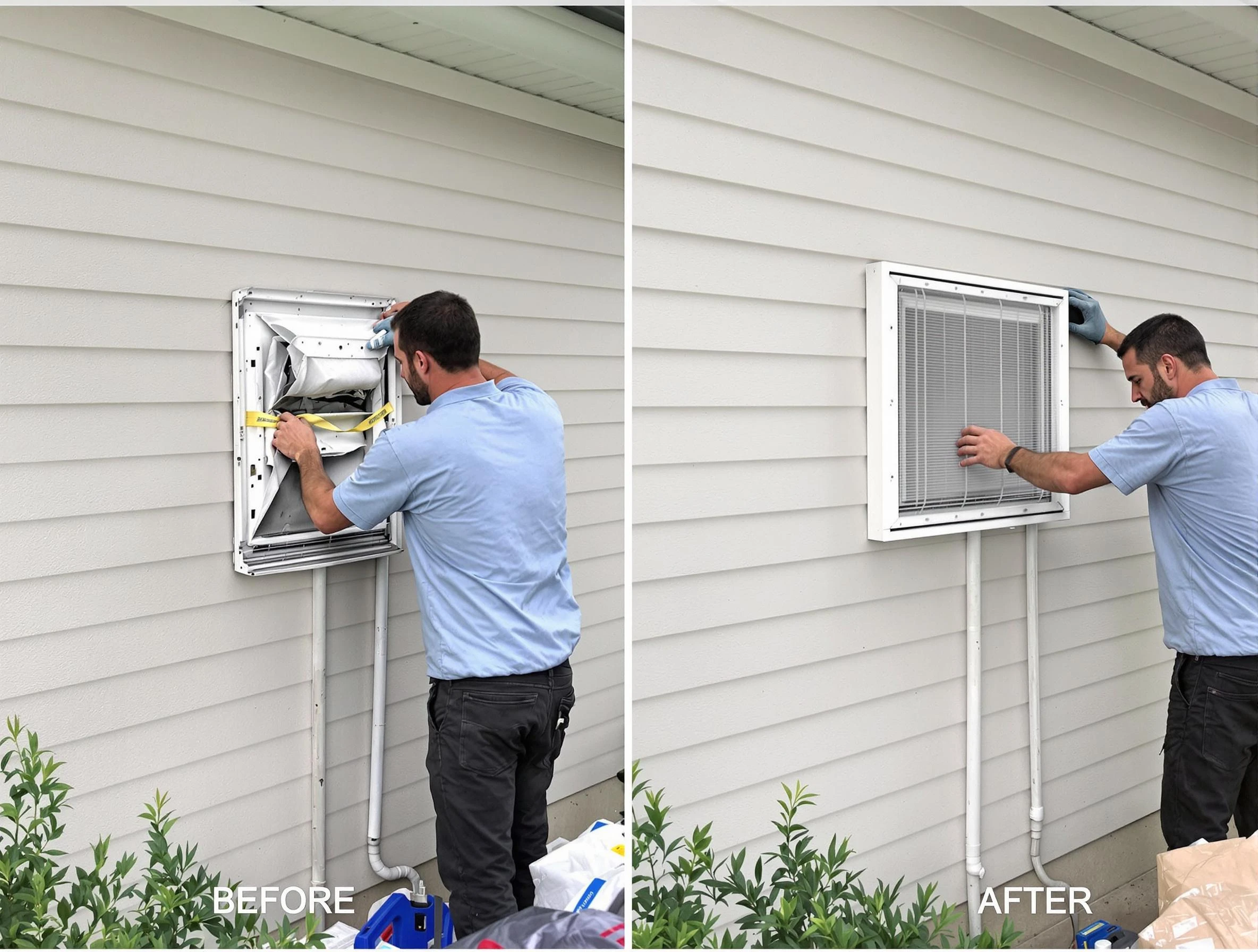 Orange Dryer Vent Cleaning technician installing high-quality dryer vent cover at a residential property in Orange