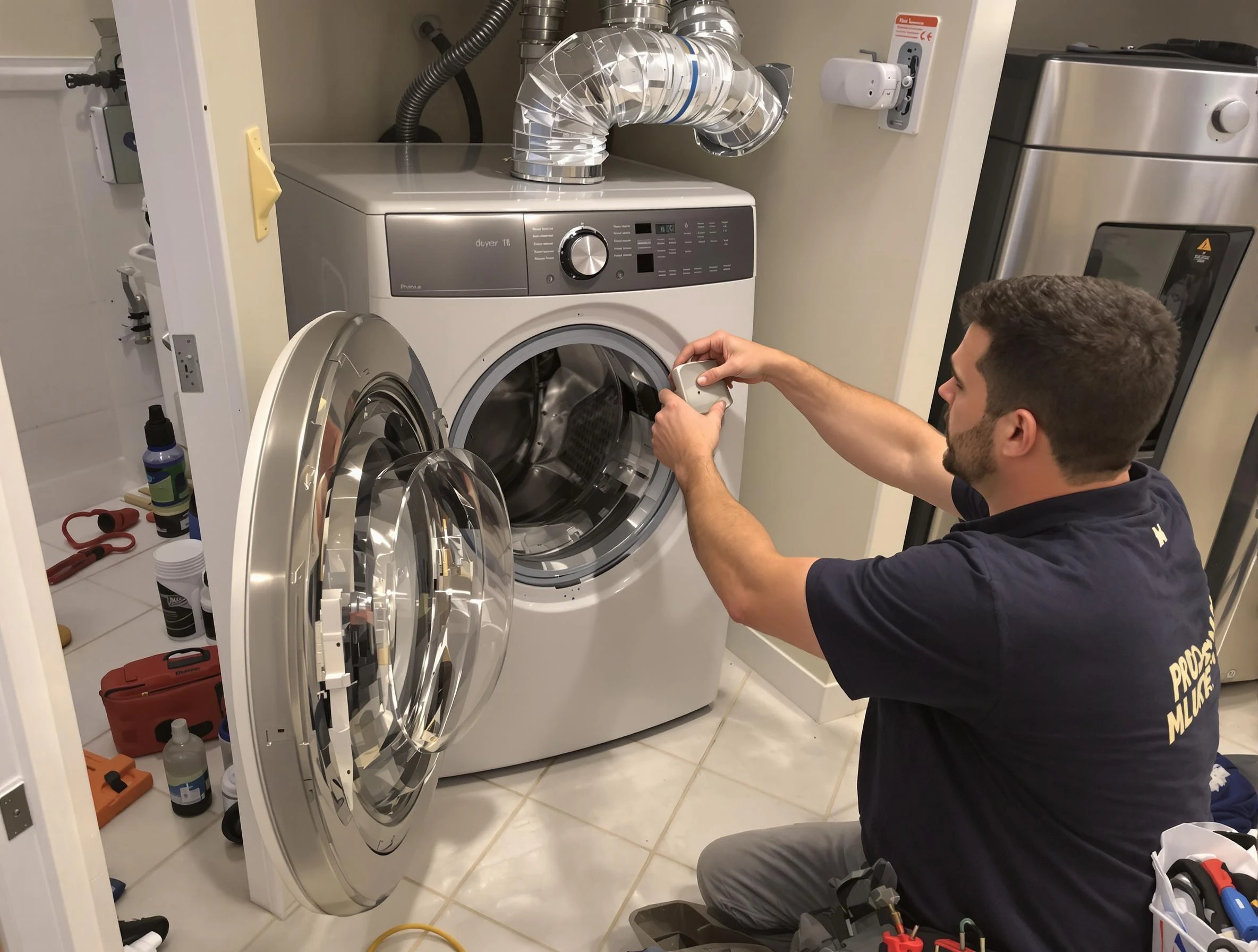 Orange Dryer Vent Cleaning technician performing precise dryer vent hose installation in Orange